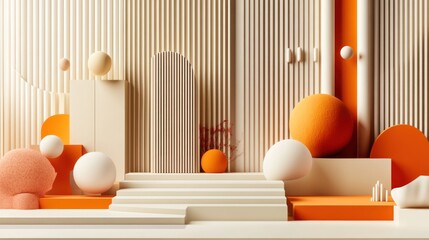 Abstract 3D Render:  Beige and Orange Geometric Shapes