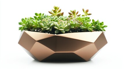 A small succulent plant in a geometric planter on a white isolated background