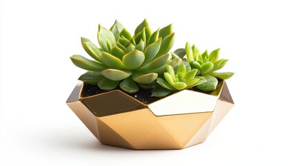 A small succulent plant in a geometric planter on a white isolated background