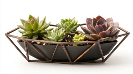 A small succulent plant in a geometric planter on a white isolated background