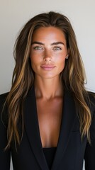 Naklejka premium A woman with long brown hair wearing a black suit