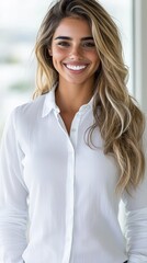 Fototapeta premium A woman in a white shirt smiles at the camera