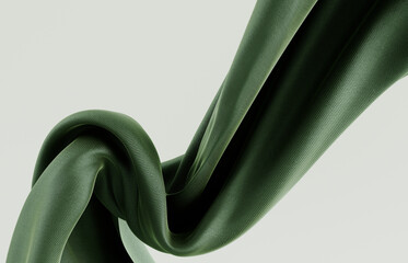 3D rendering close-up of a flowing, olive green fabric. Elegant Cloth material creating a sense of depth and luxuriousness, adding a dynamic and organic element to the composition.