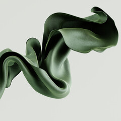 Dynamic 3D rendering flowing olive green fabric. The fabric billows and twists, creating an abstract organic form against a clean, light backdrop.