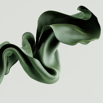 Dynamic 3D rendering flowing olive green fabric. The fabric billows and twists, creating an abstract organic form against a clean, light backdrop.