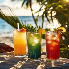 Three different beautiful cocktails in warm colors on a flower background
