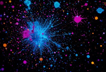 Colorful paint splatter explosion against black background. Cosmic energy burst with blue and pink colors. Abstract artistic design for posters, cards and digital art with space theme