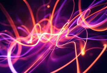 Glowing neon energy waves in purple and orange colors on dark background. Abstract light streaks pattern. Dynamic luminous lines. Modern design element for tech banner