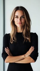 Fototapeta premium A woman in a black dress standing with her arms crossed