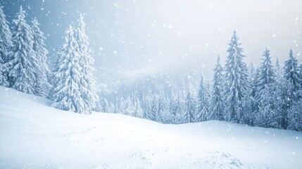 Fototapeta premium Dramatic heavy snowfall blanketing a serene and majestic mountain landscape creating a picturesque winter wonderland scene. The snowy forest and frozen terrain exude a tranquil