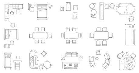 Top view of set furniture elements outline symbol for dining room, office, cafe, kitchen and living room. Interior icon chair, sink, table and sofa.