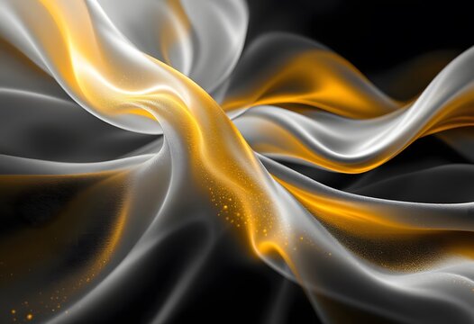 Dynamic gold and silver waves in dark background. Abstract flowing smooth curves design. Elegant luxury pattern with metallic effect for modern banner, poster, card with copy space