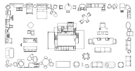 Top view of set furniture elements outline symbol for bedroom, kitchen, bathroom, dining room and living room. Interior icon bed, chair, table and sofa.