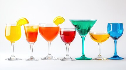 A set of colorful cocktail glasses with different types of drinks on a white isolated background