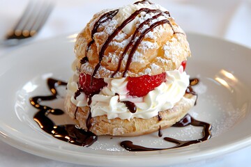 Cream puff dessert filled with whipped cream and fresh raspberries, topped with powdered sugar and chocolate drizzle, served on a white plate. Gourmet pastry and sweet treat concept.

