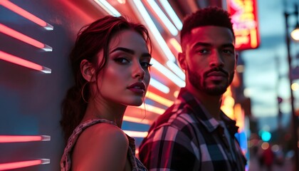 Young couple in neon lights at night. Urban nightlife scene with glowing red signs. Modern city lifestyle with dramatic lighting for social media, advertising and fashion