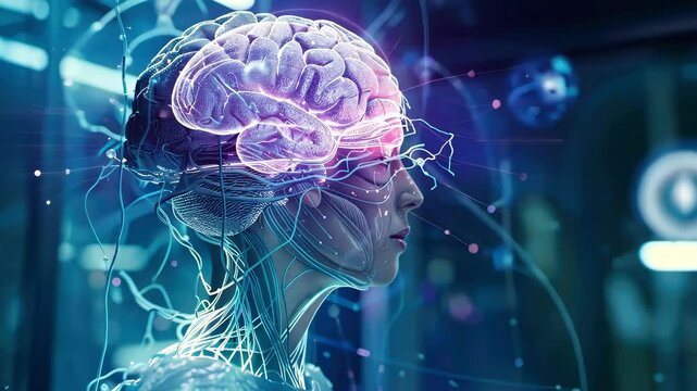 Conceptual representation of AI and neurotechnology with a 3D rendered brain in a digital interface reflecting advanced intelligence.