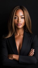 Naklejka premium A woman in a black suit with her arms crossed