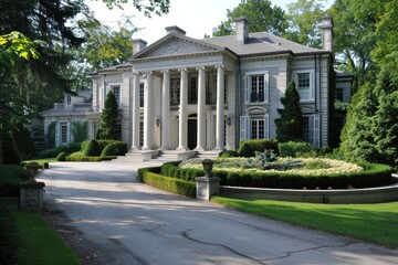 Fototapeta premium Summertime Elegance: Luxury American Home with Grand Architecture and Curb Appeal