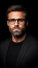 Obraz premium A man with glasses and a beard wearing a black suit