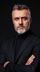 Fototapeta premium A man in a black suit with his arms crossed