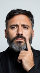 Obraz premium A man with a beard and a black suit is looking at the camera