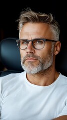 Obraz premium A man with a white beard and glasses sitting in a chair