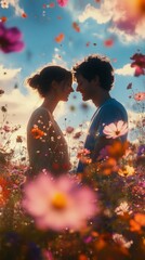 Romantic couple sharing a moment surrounded by colorful wildflowers at sunset