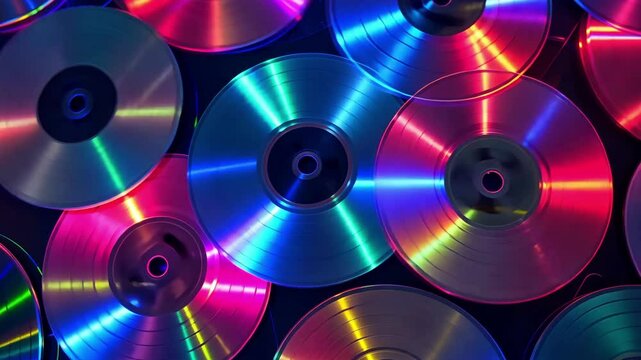 Assortment of shiny compact discs reflecting a spectrum of colors in a pattern, symbolizing data storage