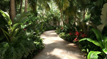 Lush Tropical Pathway in Vibrant Garden Setting