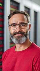 Obraz premium A man with a beard and glasses standing in front of a server