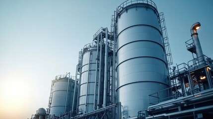 Fototapeta premium Industrial silos and metal structures of a refinery plant under a blue sky at sunrise. Manufacturing and storage concept