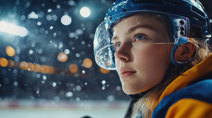 A close-up portrait of a young female hockey player wearing a blue helmet and visor, focused and determined. The background features a blurred ice rink with glowing lights and snow-like particles, add