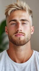 Fototapeta premium A man with blonde hair and a beard wearing a gray shirt