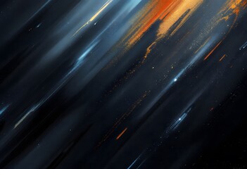 Dynamic diagonal light streaks on dark background. Abstract cosmic space pattern with blue and orange glowing lines. Night sky with meteor shower effect. Digital wallpaper design