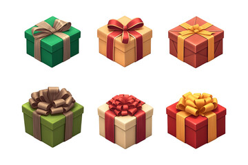Obraz premium Colorful holiday presents wrapped in paper and decorated with ribbon bows isolated on transparent background. Gift boxes collection for Christmas, New Year, birthday. Set of elements for design