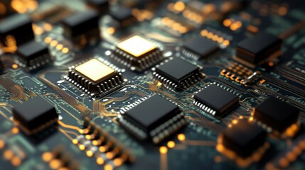 Close-up of a computer circuit board with microchips and glowing connections