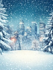 Winter simple landscape. Snowy christmas panorama with cute city buildings, falling snow and fir-trees. New year and xmas vector background