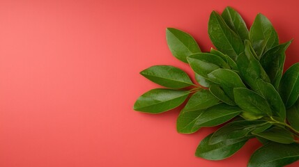 Fototapeta premium A bunch of green leaves on a red background