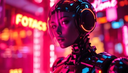 Asian woman in futuristic cyberpunk setting with headphones against neon city lights. Urban night portrait in pink and red glow. Modern fashion and technology concept for gaming and music