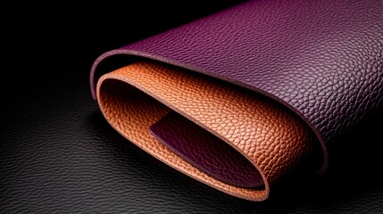 A close up of a purple and brown leather wallet on a black surface