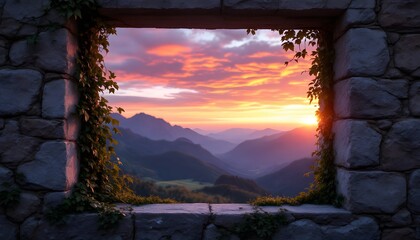 Stone window frame with climbing ivy overlooking mountain sunset vista. Dramatic orange and purple sky above misty peaks. Natural observation point for scenic landscape view