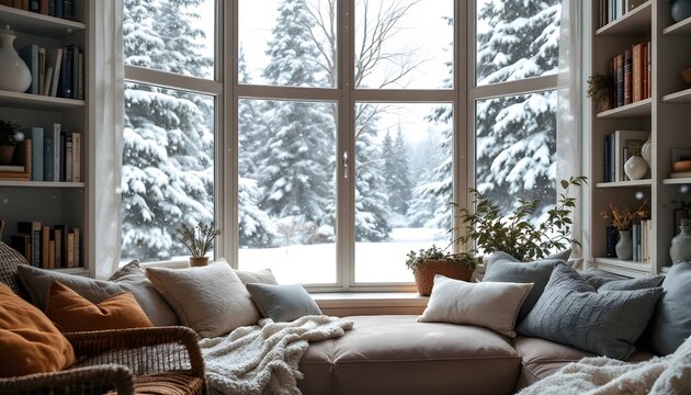Cozy window reading nook with pillows and blankets overlooking snowy winter forest landscape. Home interior design for relaxation and comfort during cold season. Space for text