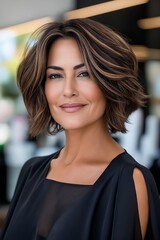 Obraz premium A woman in a black dress smiling at the camera