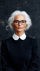 A woman wearing glasses and a black suit
