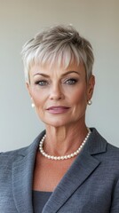 A woman wearing a gray suit and pearls
