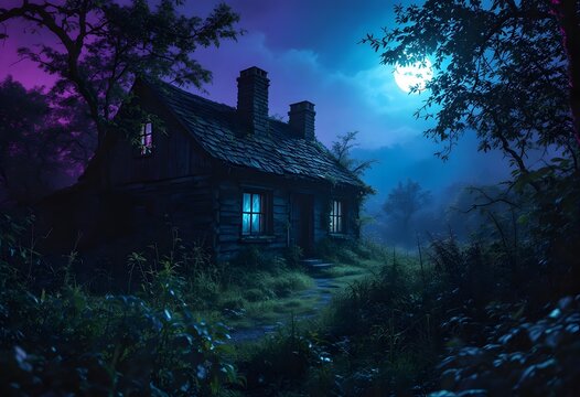Mysterious old cottage with glowing window in dark forest at night. Spooky haunted house scene with blue moonlight and purple fog. Halloween atmosphere with copy space