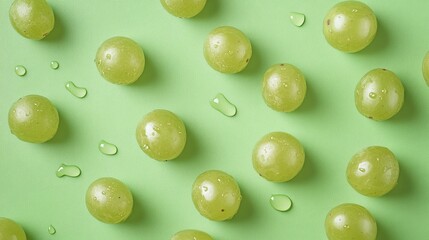 Fresh Green Grapes With Water Drops on Soft Green Background