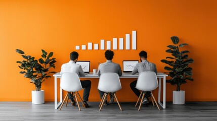 Three men working at a shared desk with laptops against a bright orange wall decorated with a bar graph
