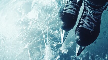 close up of figure skates and copy space over ice background with marks from skating or hockey